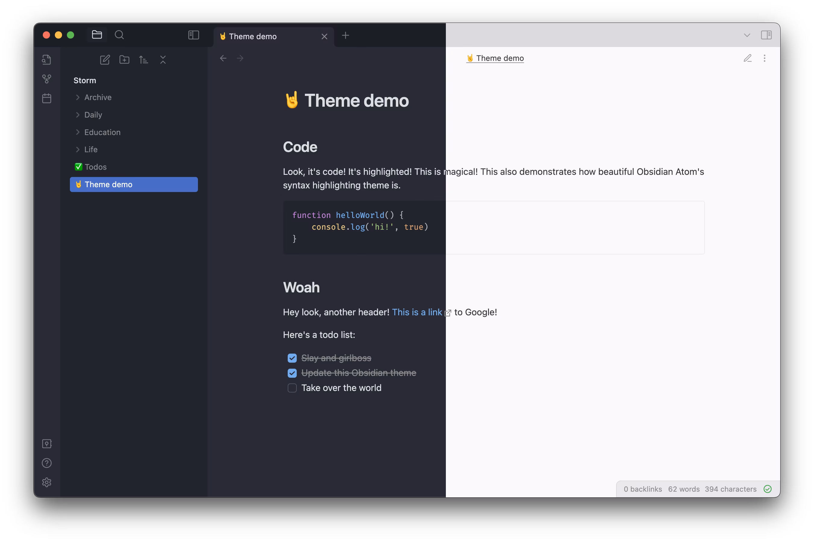 Atom theme dark mode preview in Obsidian