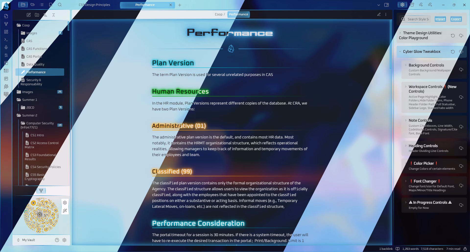 Cyber Glow theme dark mode preview in Obsidian