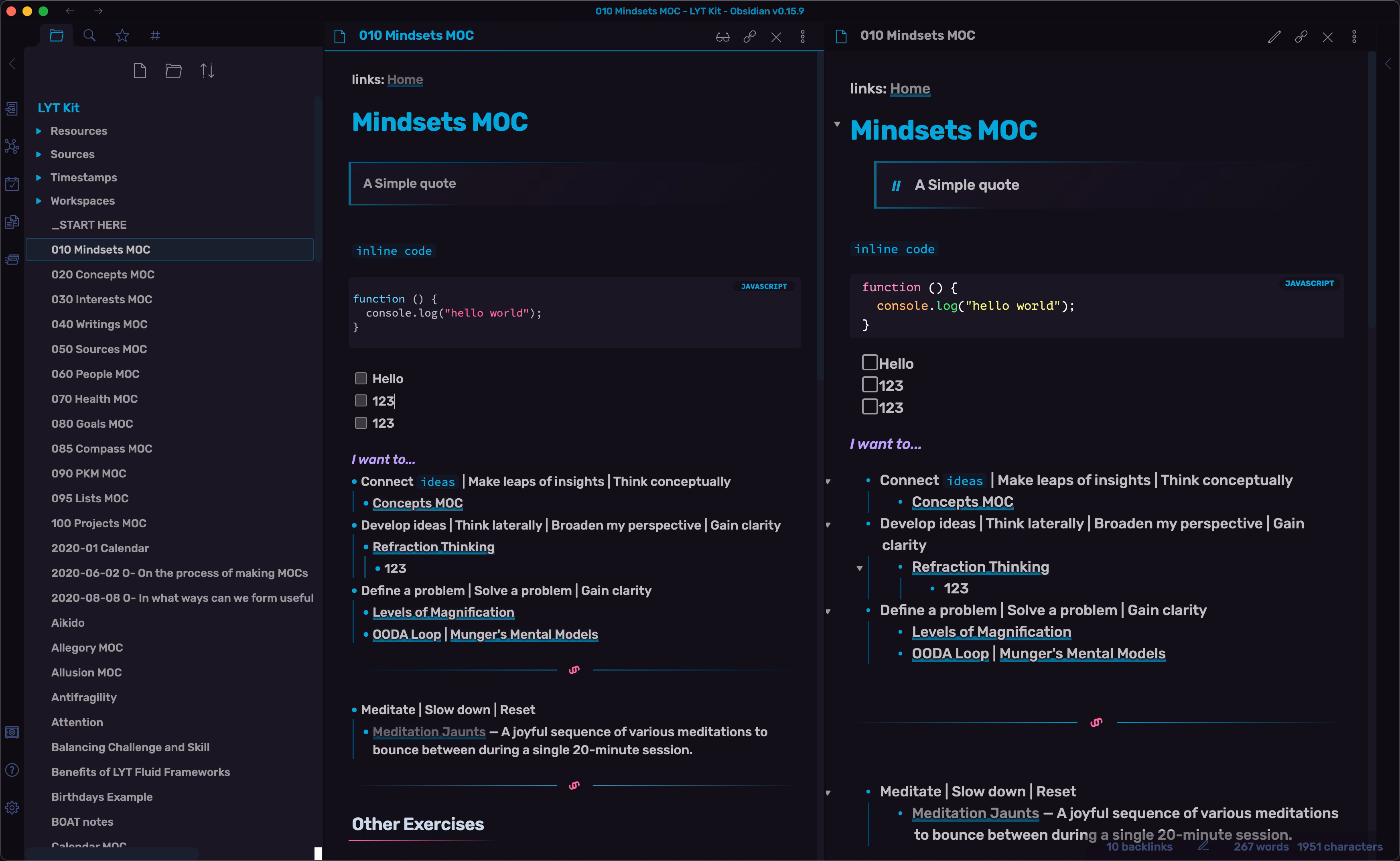 Obsidianite theme dark mode preview in Obsidian