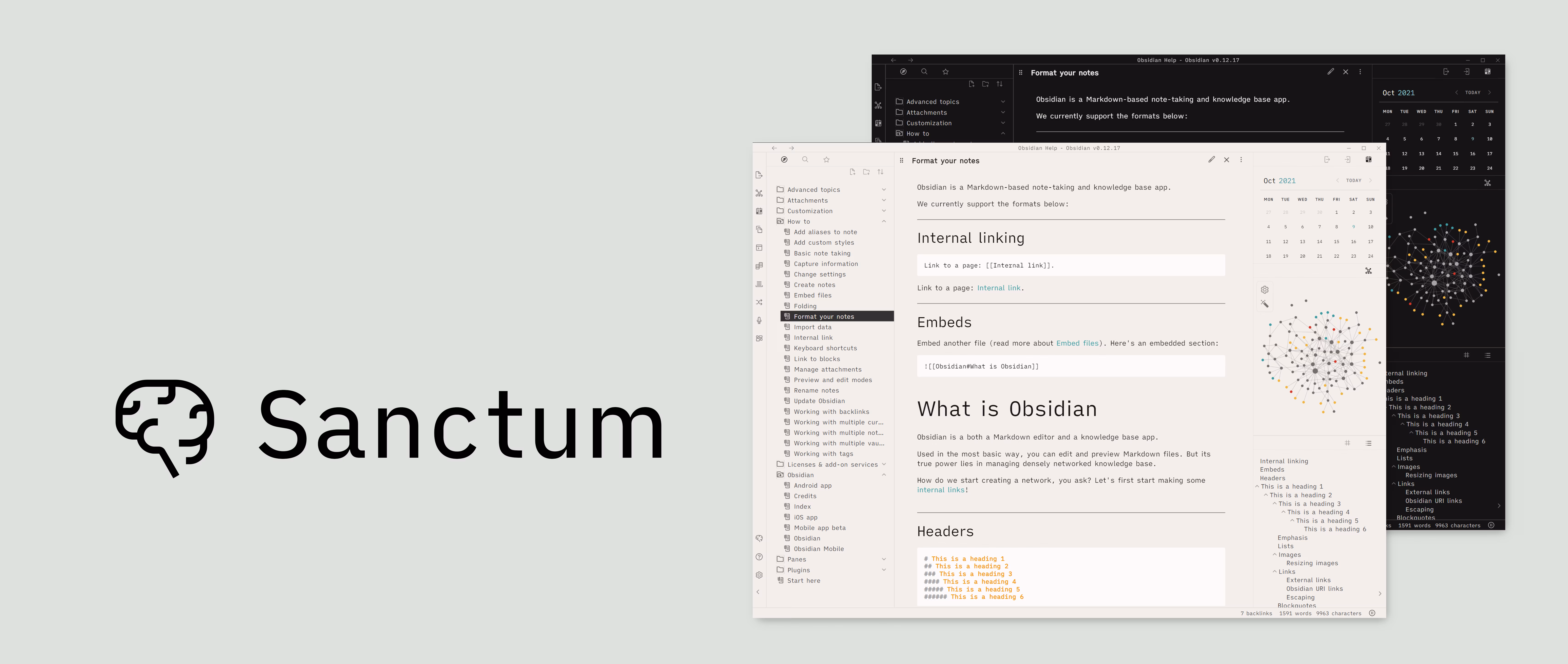 Sanctum theme dark mode preview in Obsidian