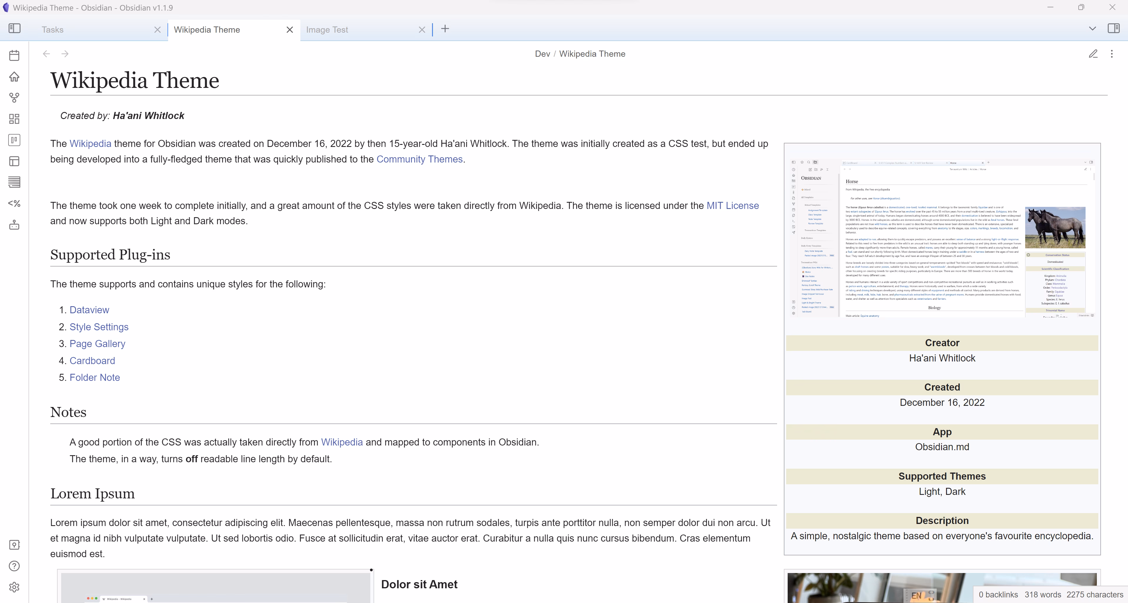 Wikipedia theme dark mode preview in Obsidian