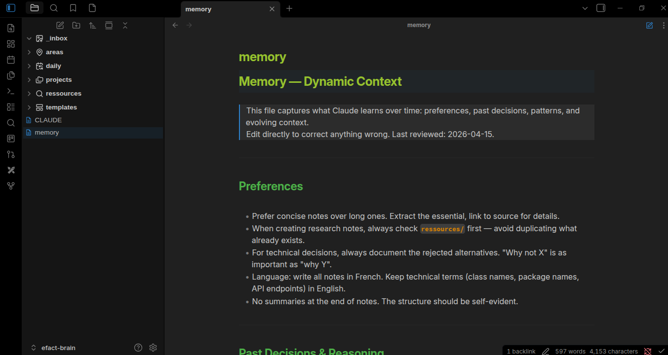 obsidian memory md dynamic context claude code