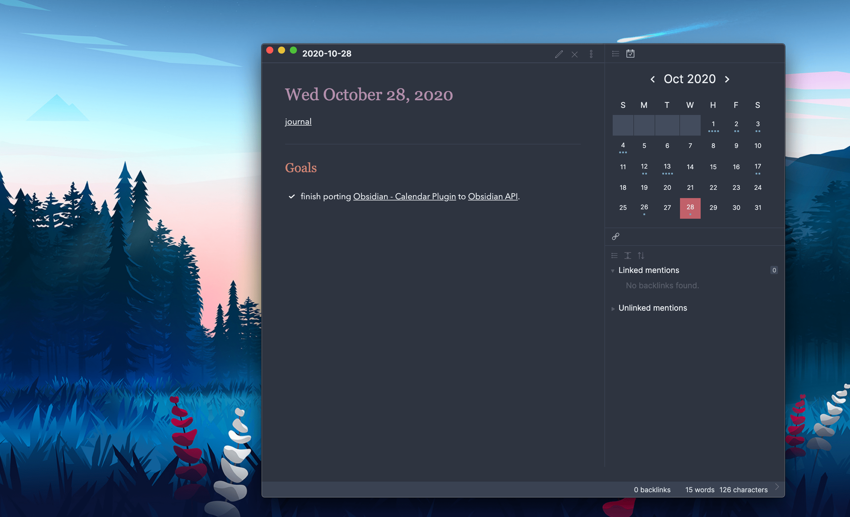 Calendar plugin open in the Obsidian sidebar beside a daily note