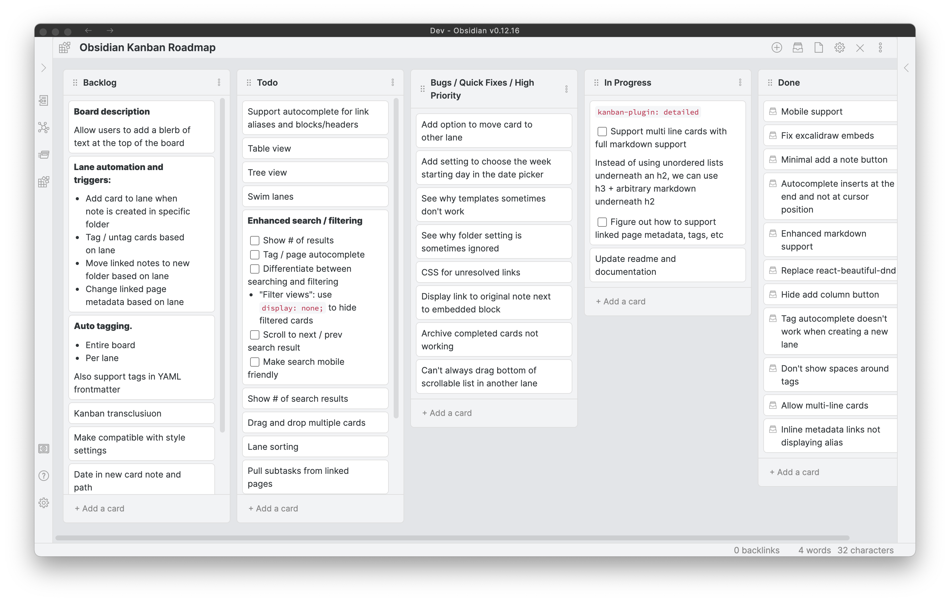 Obsidian Kanban board with cards organized into workflow lanes