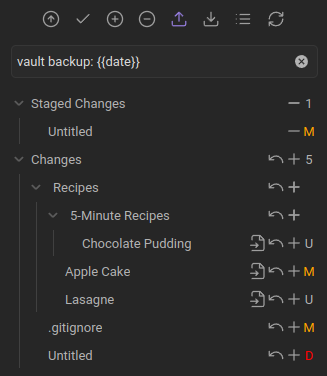 Obsidian Git source-control view listing changed vault files