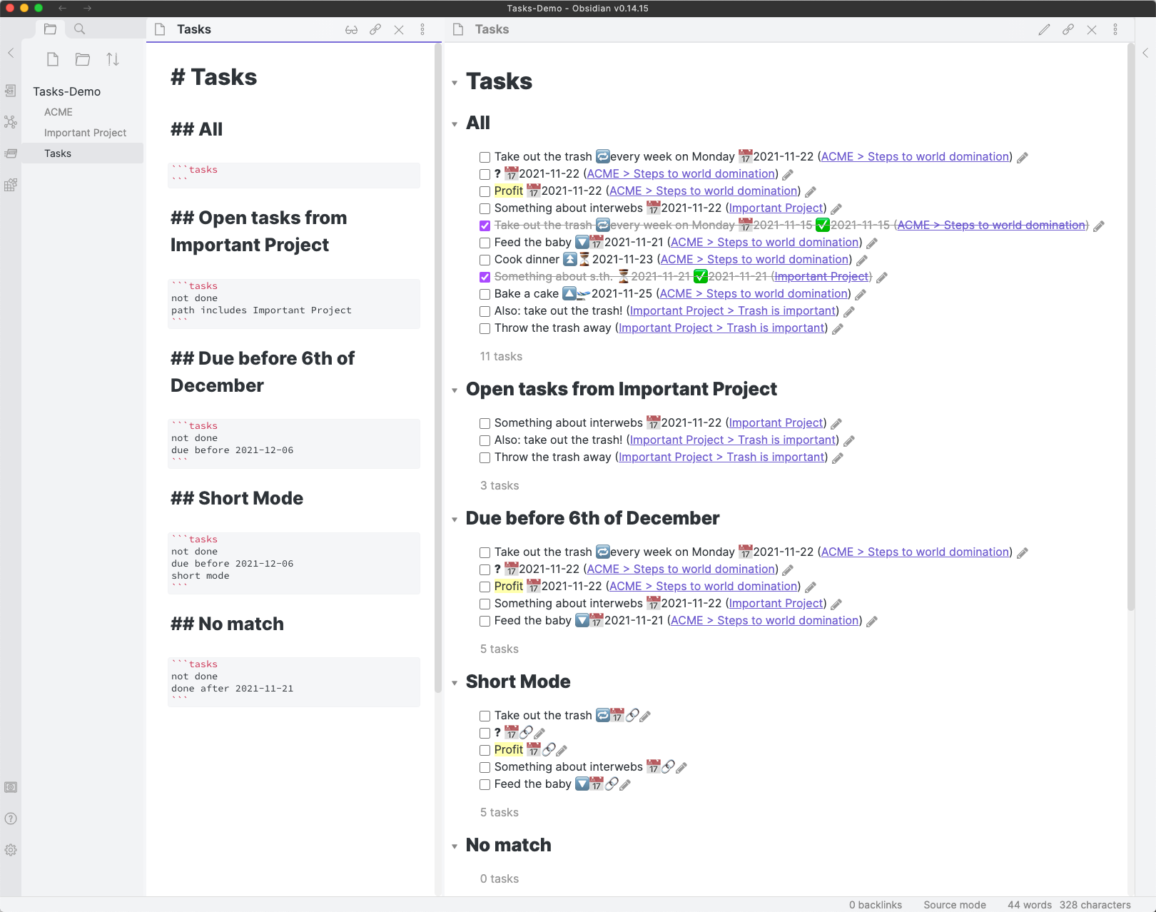 Tasks plugin query results gathering tasks from several Obsidian notes