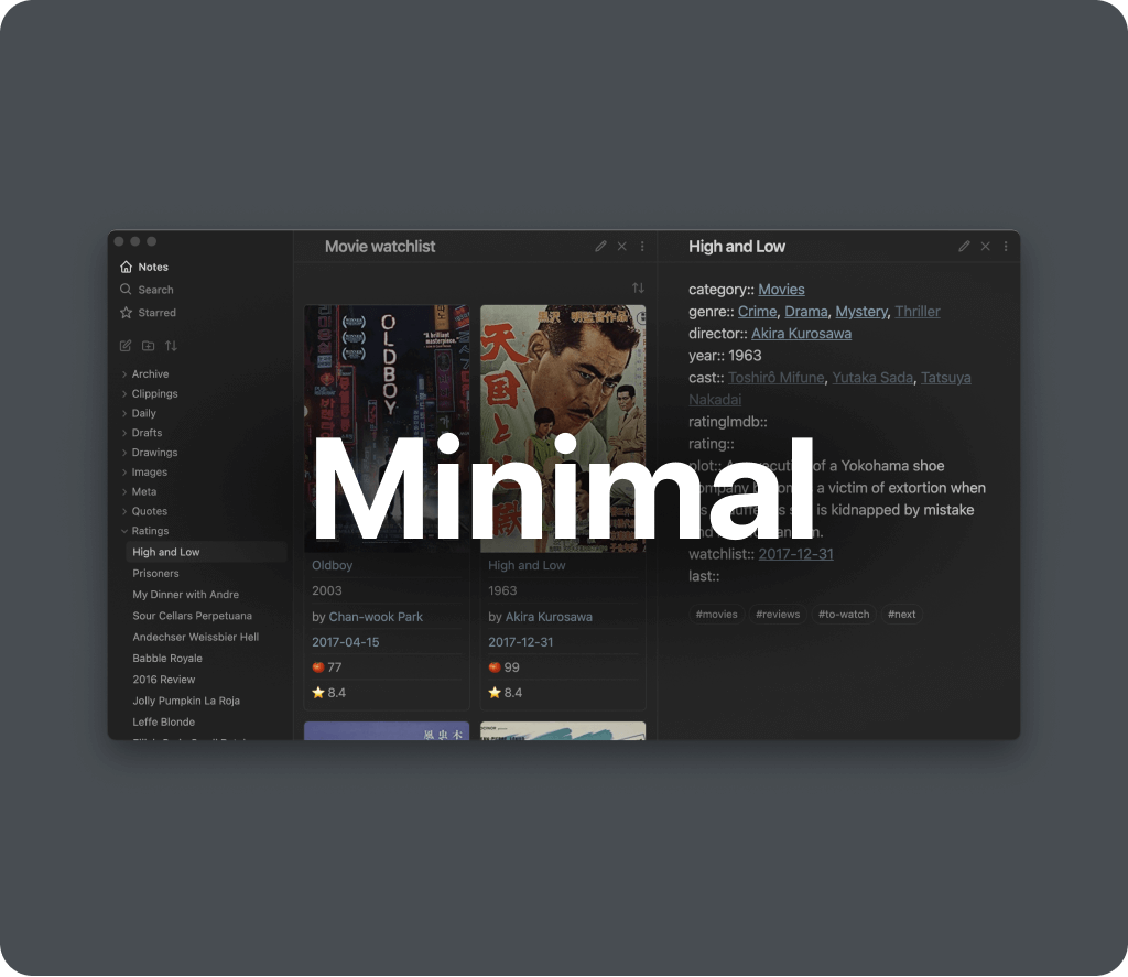 Minimal theme in dark mode showing restrained navigation and content typography